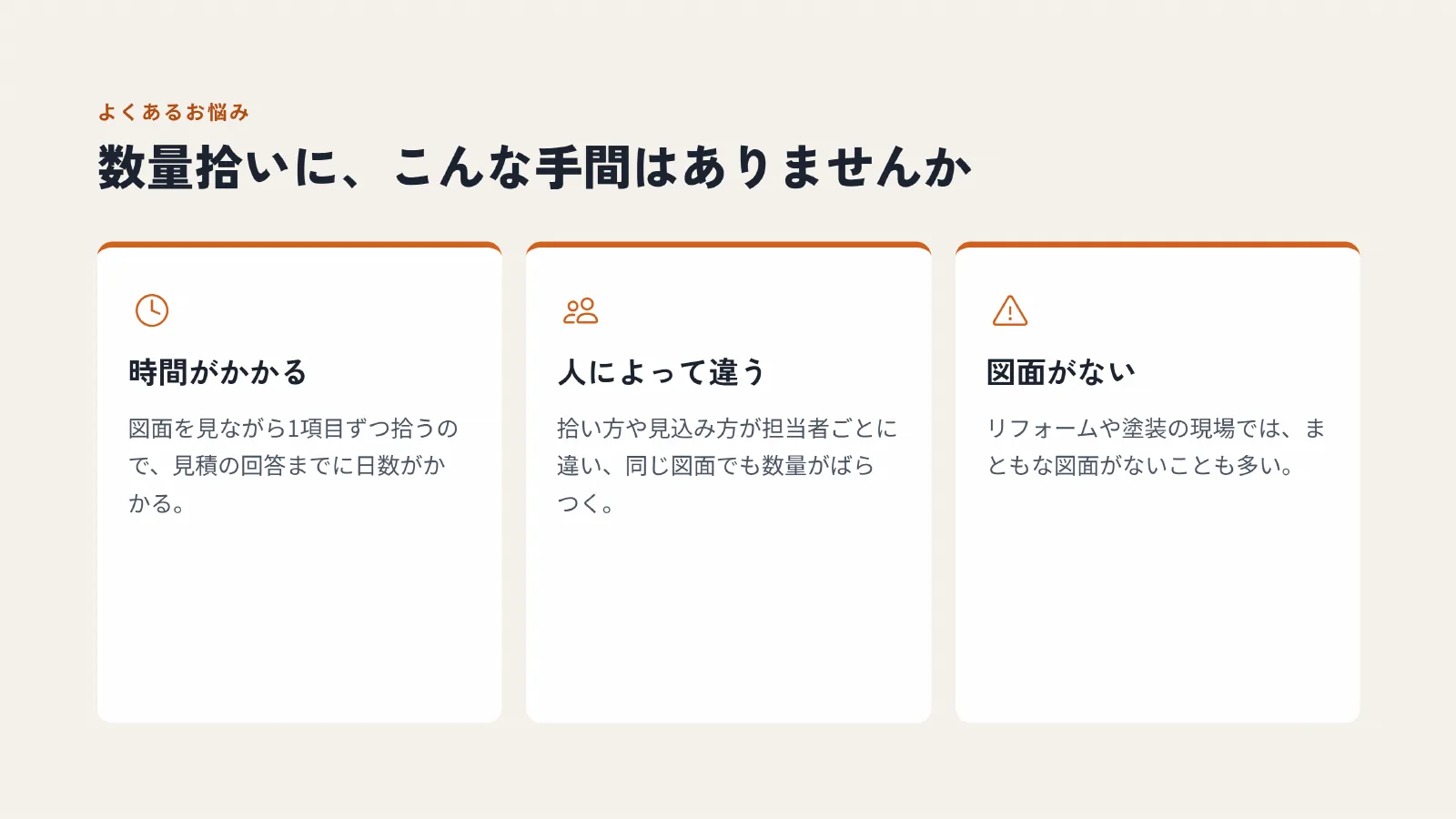 数量拾いに、こんな手間はありませんか。時間がかかる、人によって違う、図面がない。